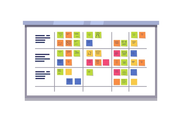 White scrum board full of tasks on sticky cards