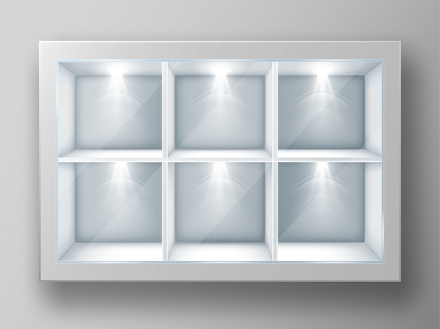 White showcase with square shelves and glass