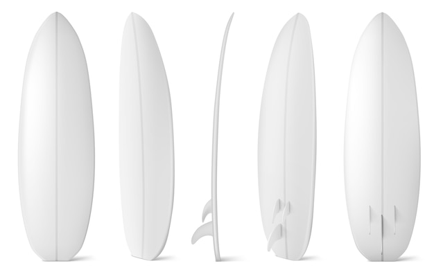 Free Vector white surfboard front, side and back view. realistic of blank long board for summer beach activity, surfing on sea waves. leisure sport equipment isolated on white background