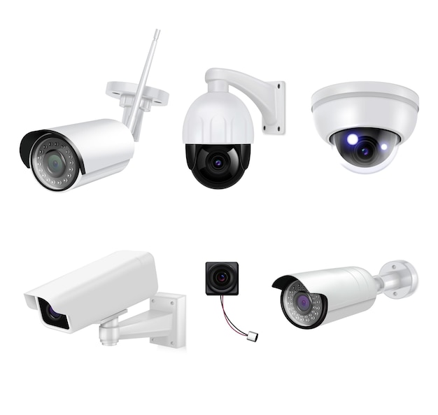 Free vector white video surveillance security cameras isolated and realistic icon set for different purposes vector illustration