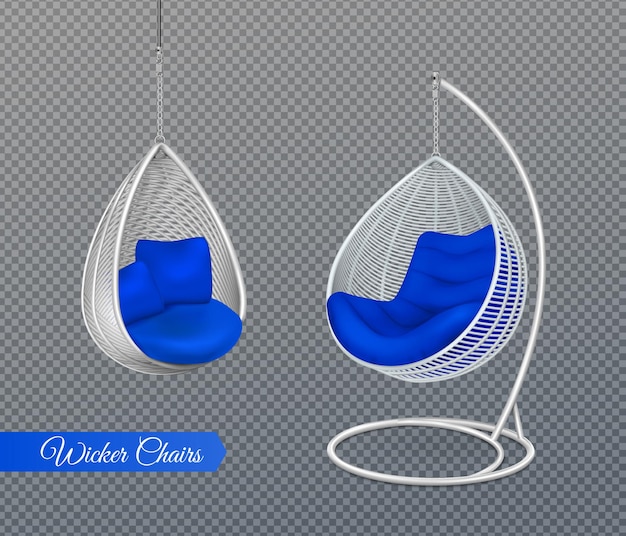 Free Vector white wicker hanging swing chairs realistic illustration