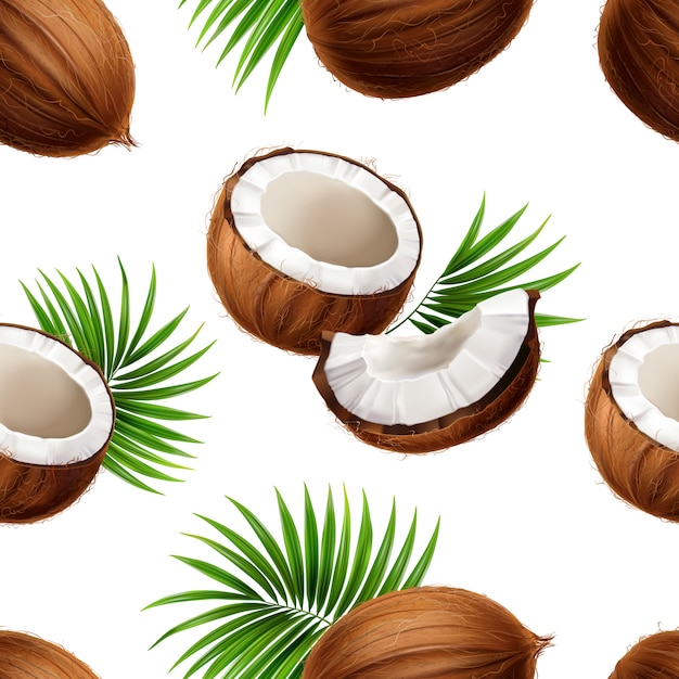 Free Vector whole and cut coconuts with palm frond leaves strewn on white background realistic seamless pattern