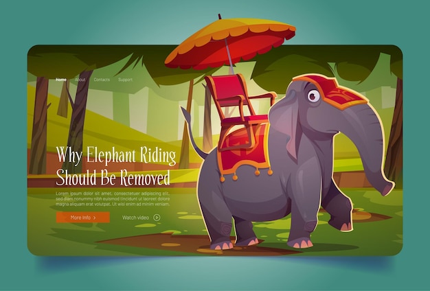 Why elephant riding should be removed cartoon landing page. Cute animal with chair, blanket and umbrella on back at Thailand or Cambodia forest landscape, asian tourism entertainment vector web banner