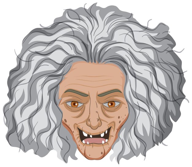 Wicked old witch face on white background