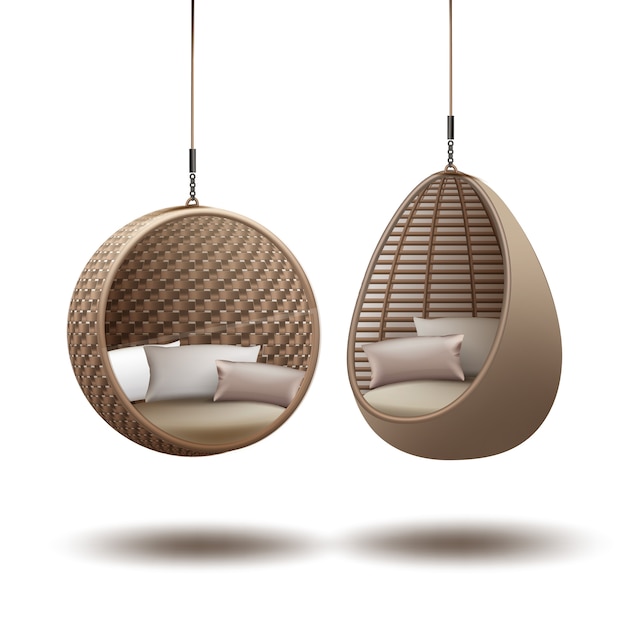 wicker hanging chairs swing hanging on a chain with cushions