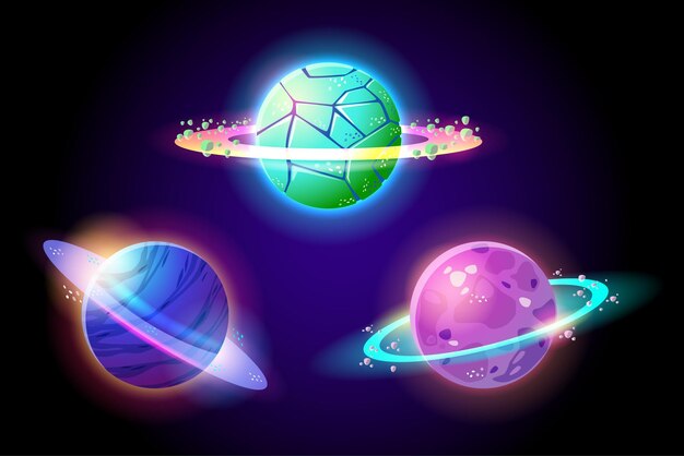 A wide range of space planet designs for producing cartoon and game illustrations or in print projects