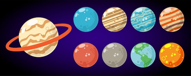 A wide range of space planet designs for producing cartoon and game illustrations or in print projects