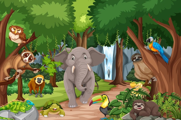 Free vector wild animal cartoon character in the forest scene