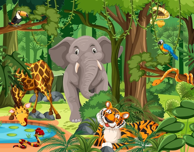 Wild animal cartoon character in the forest scene