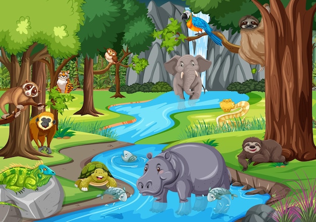 Free Vector wild animal in the jungle scene