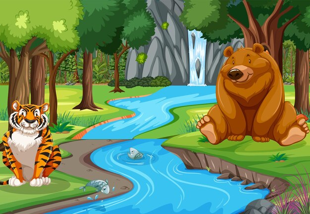 Wild animals cartoon characters in the forest scene