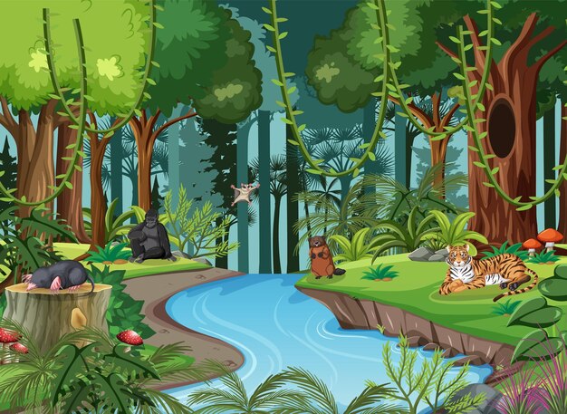 Wild animals cartoon characters in the forest scene