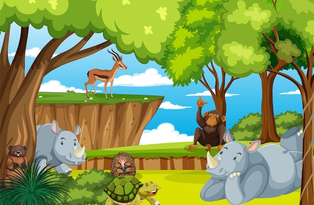 Wild animals in nature forest scene