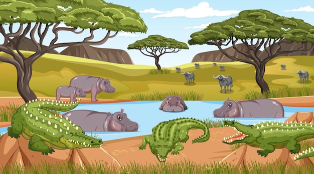 Wild animals in savanna forest landscape