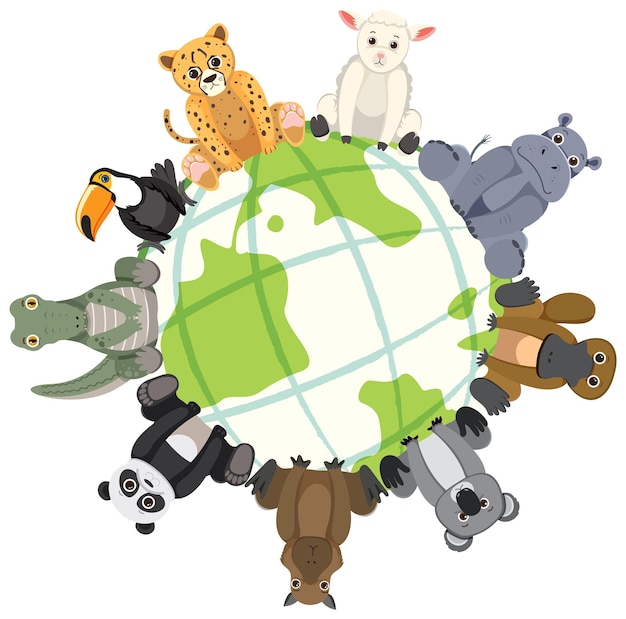 Free vector wild animals sitting on a globe