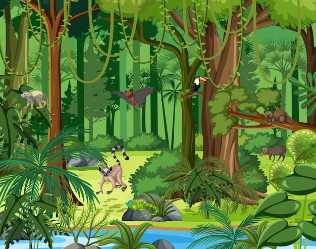 Wild animals with stream flowing through the forest scene