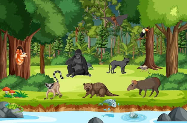 Free Vector wild animals with stream flowing through the forest scene