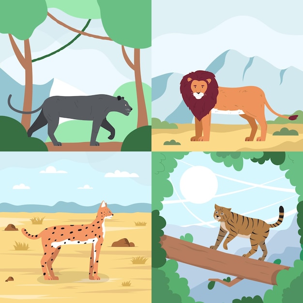 Free vector wild cats flat 2x2 set of square compositions with outdoor landscapes and felines in natural habitat vector illustration