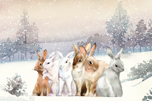 Free Vector wild rabbits in the winter snow painted by watercolor vector