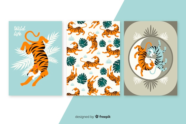 Free Vector wild tiger card collection flat design