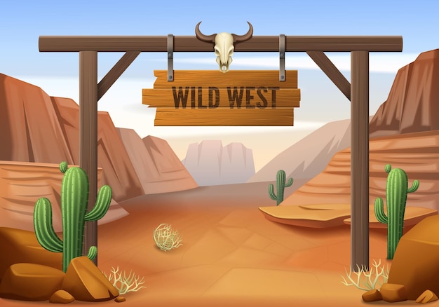 Free vector wild west cartoon composition with outdoor scenery cacti trees and wooden gate with signboard and skull vector illustration