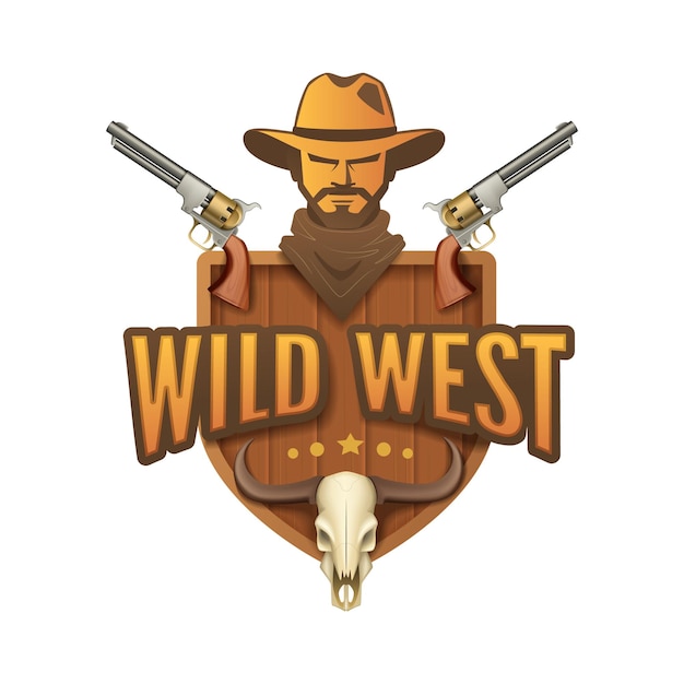 Free Vector wild west cartoon emblem with composition of human head pistols stars animal skull and editable text vector illustration