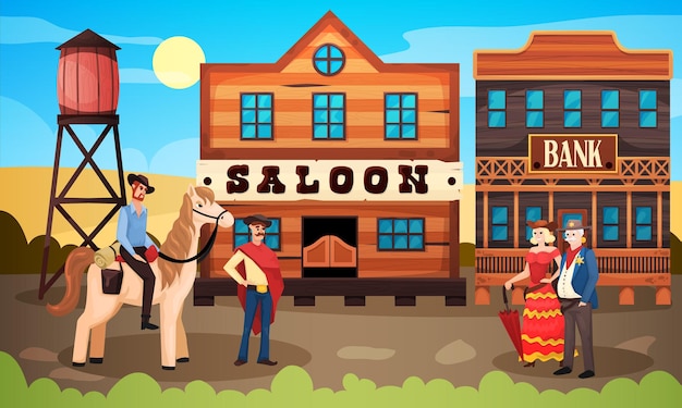 Free Vector wild west cowboy composition with vintage town landscape city street with saloon bank and human characters 