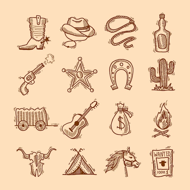 Wild west cowboy hand drawn set with saddle sheriff badge horseshoe isolated vector illustration