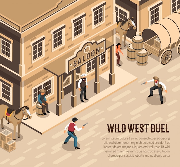 Wild west cowboys with pistols during duel sheriff near entrance of saloon isometric