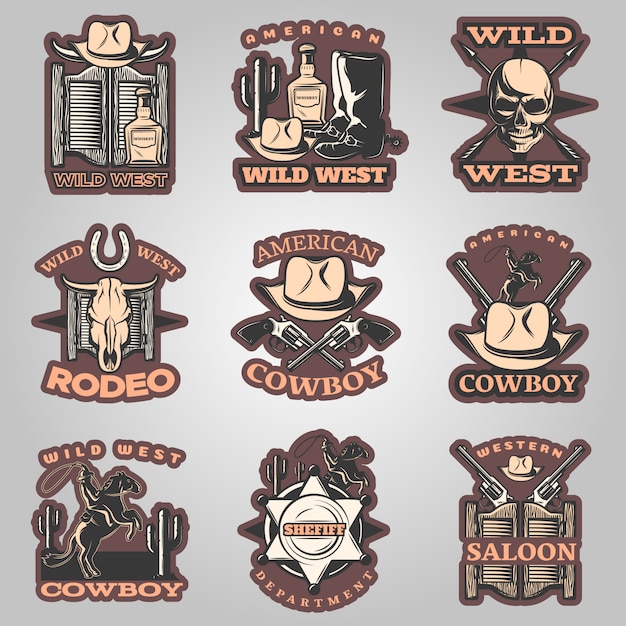 Free Vector wild west emblem set in color with western saloon american cowboy and rodeo descriptions