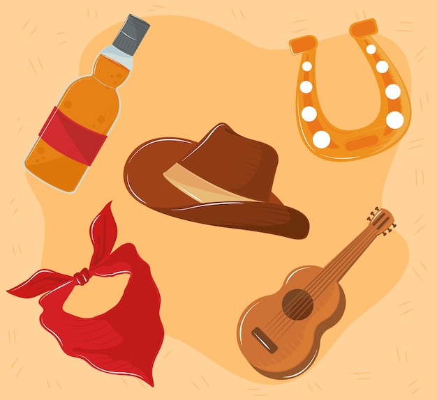 wild west guitar and hat icon set