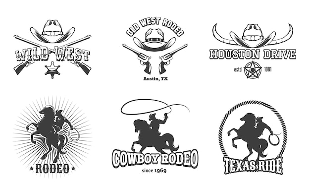  Wild West and Rodeo labels. Cowboy texas, stamp and hat, american retro design. 