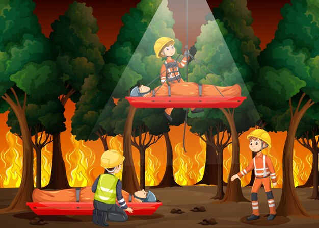 Wildfire scene with firerman rescue in cartoon style