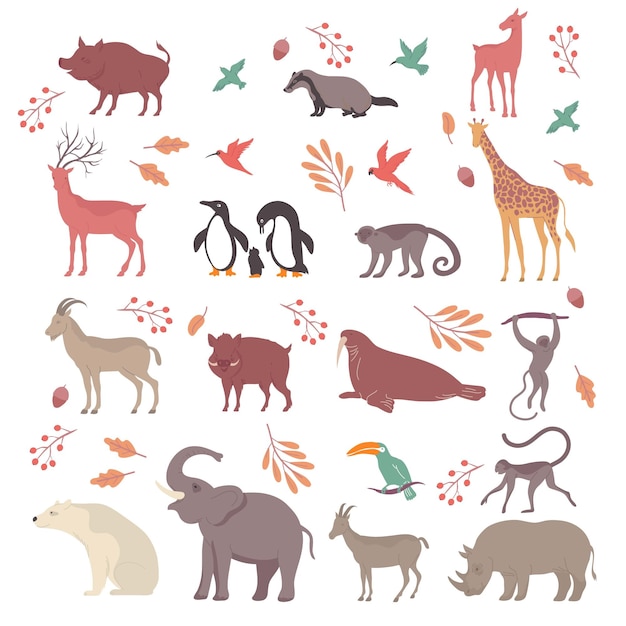 Free Vector wildlife set with isolated icons of leaves and acorns with exotic animals and birds flat characters vector illustration