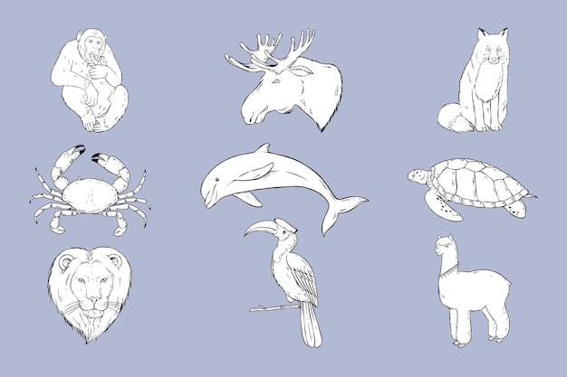 Free vector wildlife sticker black and white set