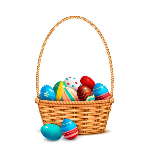 Willow wicker basket with painted colorful Easter eggs