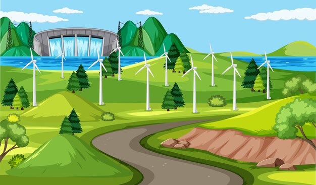 Wind turbine and long road scene and dam background