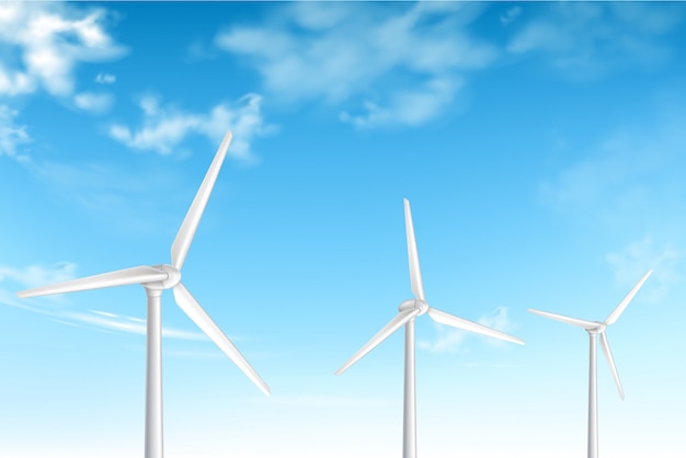 Wind turbines on cloudy blue sky background 