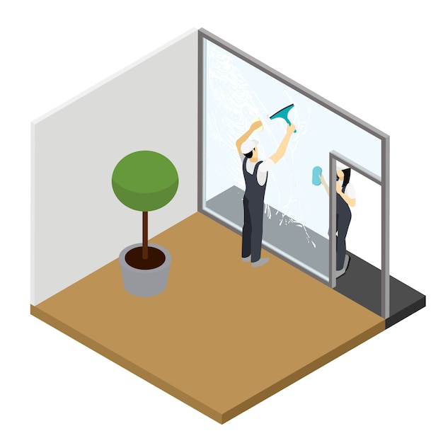 Free Vector window cleaning isometric interior composition 