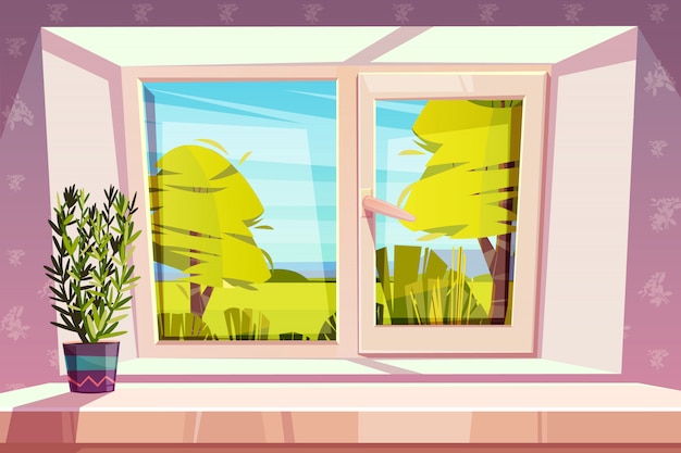 Free Vector window overlooking sunny park or meadow and home plant in pot on windowsill cartoon 