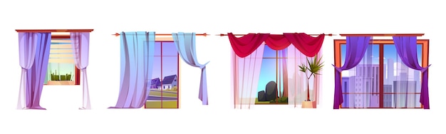 Windows with curtains and different views outside