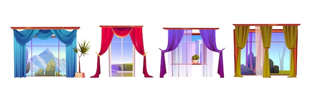 Windows with curtains and outside view decoration