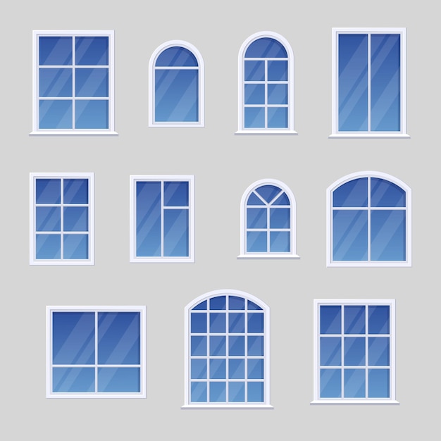 Windows with white different frames set. Vector illustrations of clean blue glass windows on wall of building. Cartoon classic elements of house exterior isolated white. Architecture, facade concept