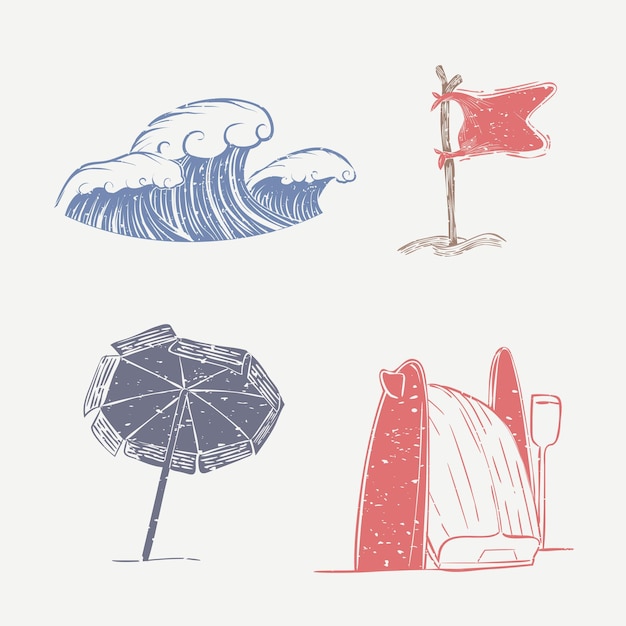 Free Vector windy beach linocut cute elements collection