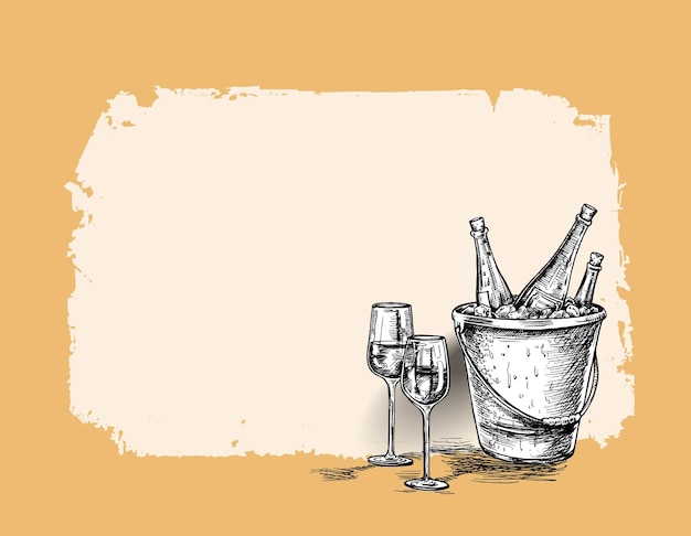 Free vector wine bottle sketch glass of wine hand drawn sketch vector illustration