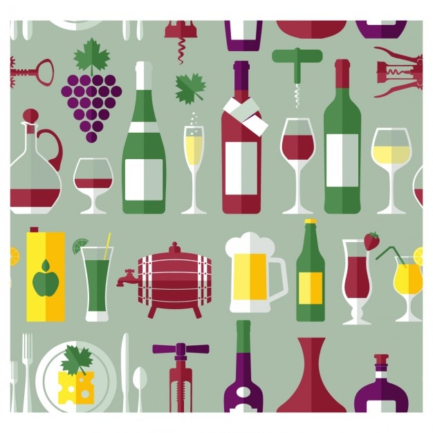 Wine bottles and drinks background in flat design