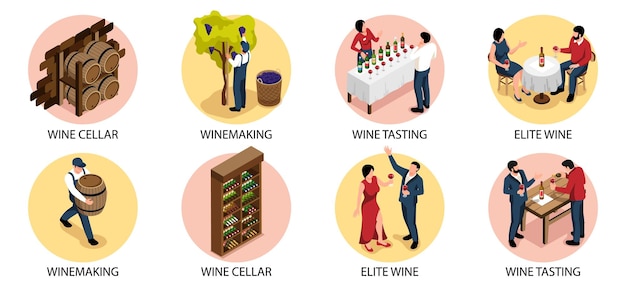 Wine isometric round set with wine cellar symbols isolated vector illustration