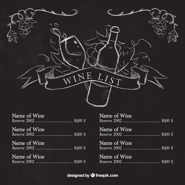 Free vector wine list template with sketches on blackboard