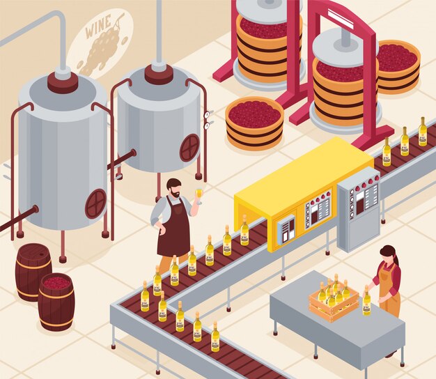 Wine manufacturing with pressing of grapes bottling conveyor and aging of drink in barrels isometric illustration