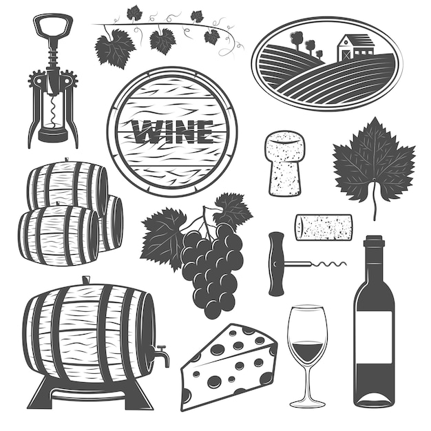 Wine monochrome objects set with vine wooden barrels bunch of grapes cheese signboard corkscrews isolated